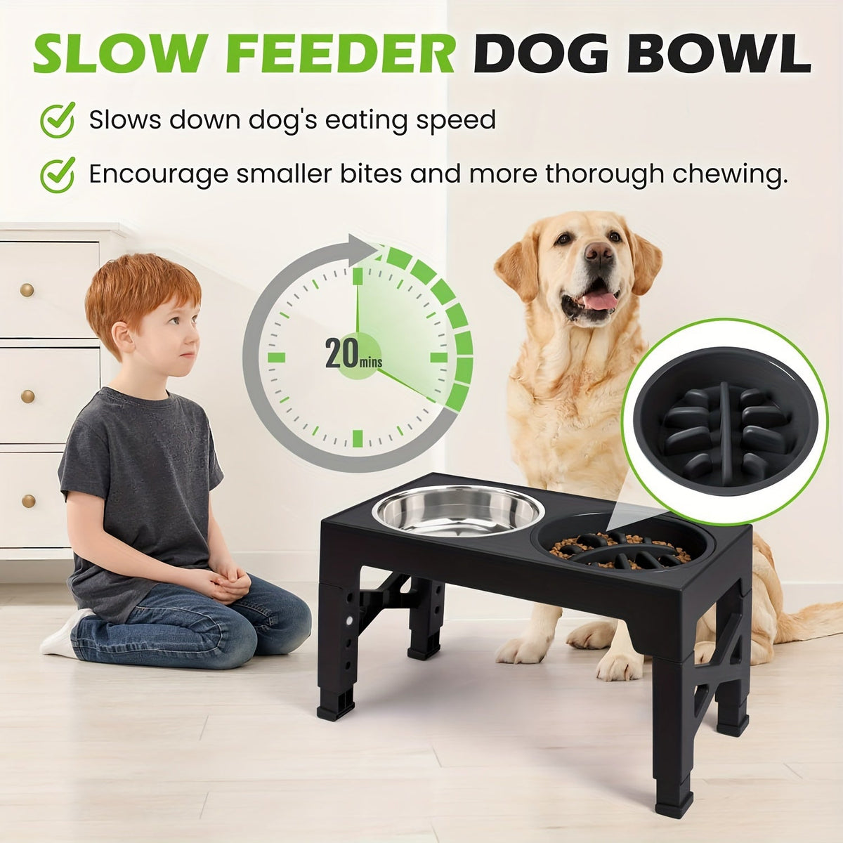 Fetch & Purr dog bowl stand with three stainless steel bowls, raised pet feeding station for dogs.