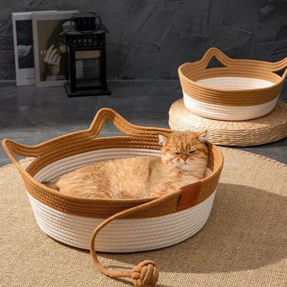 Khaki and white cat bed with ear-shaped woven design, thick padding, and cozy pet bed for cats by Fetch & Purr.