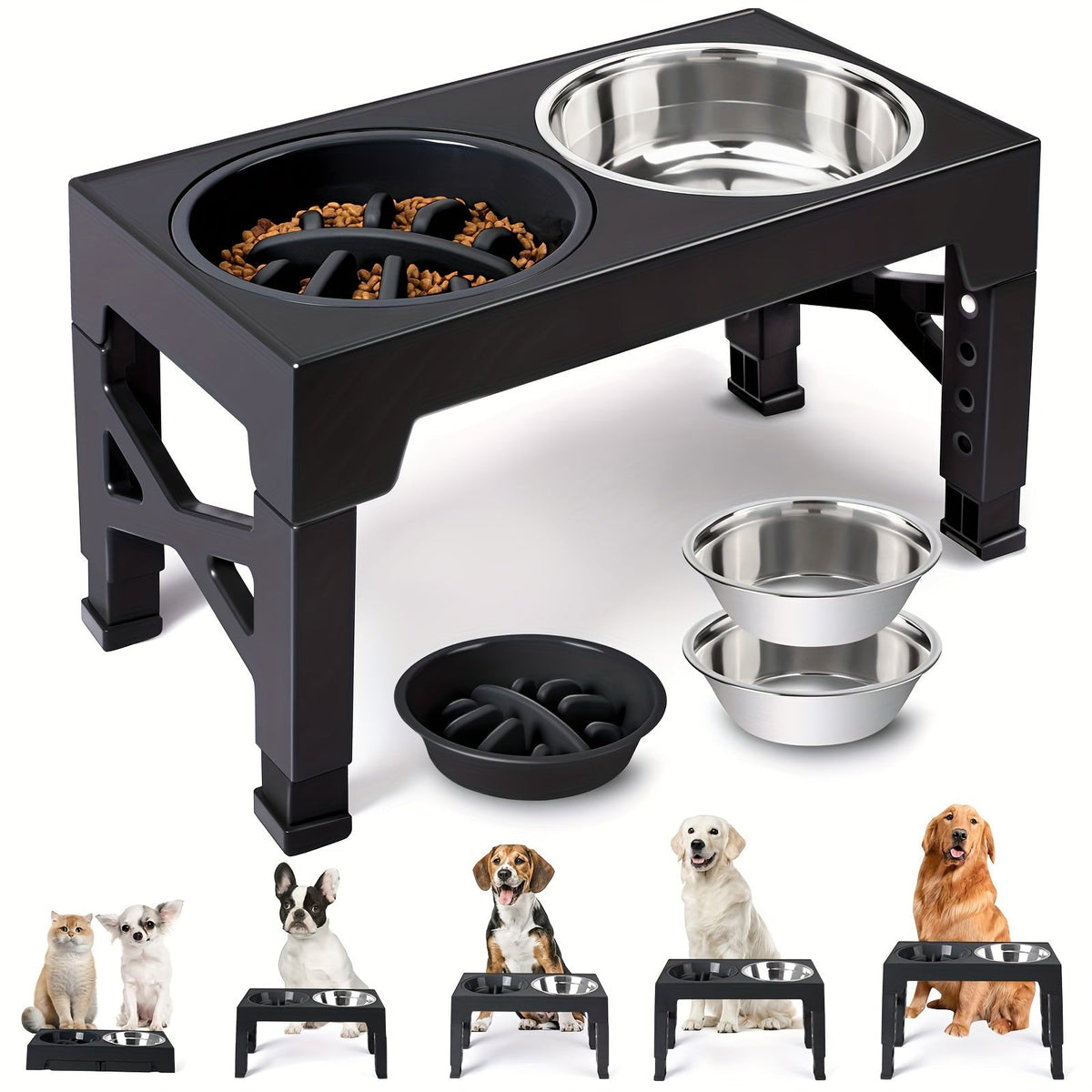 Fetch & Purr dog bowl stand with three adjustable stainless steel bowls for convenient pet feeding.
