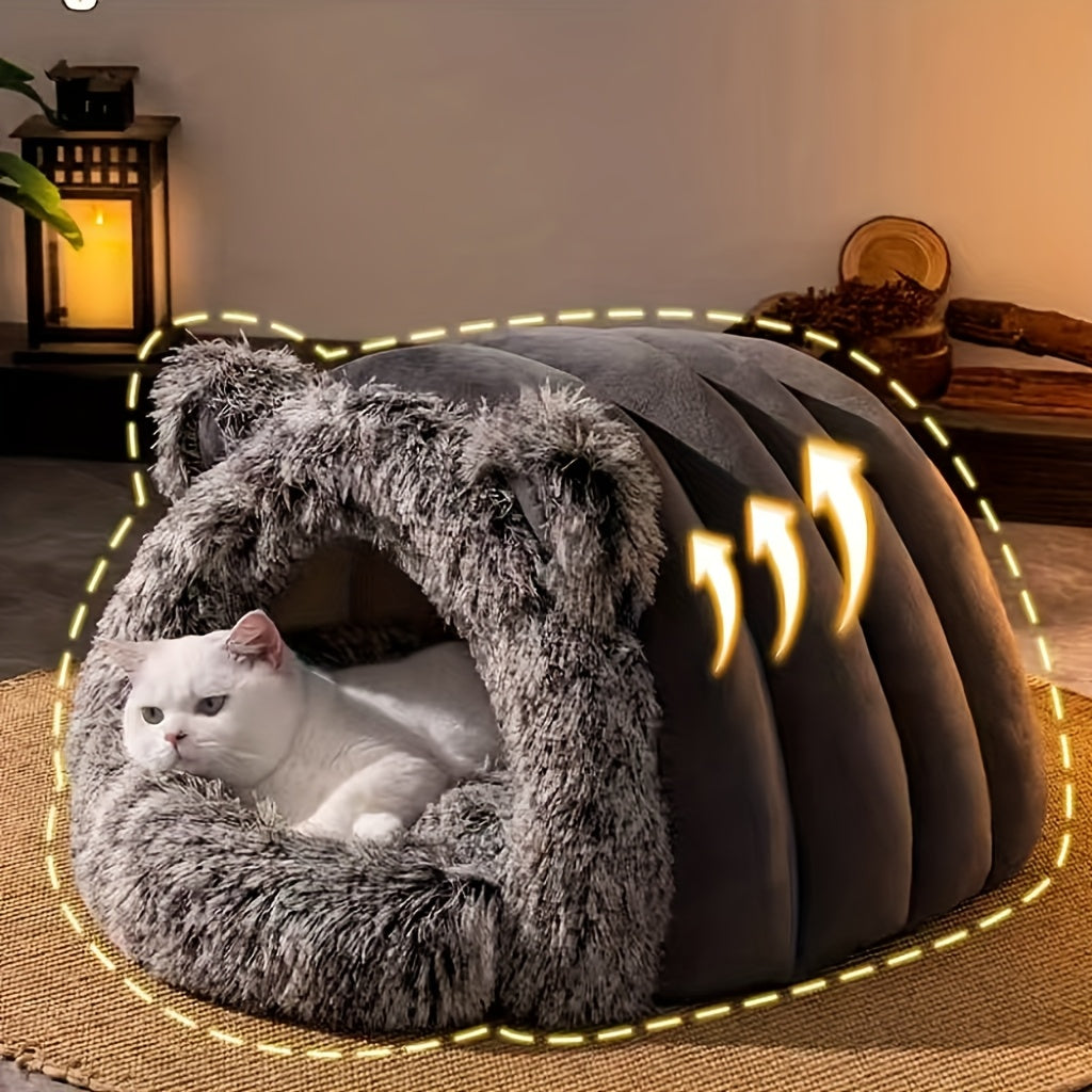Soft plush fleece cat cave bed by Fetch & Purr featuring a cozy, enclosed design for winter comfort and warmth.