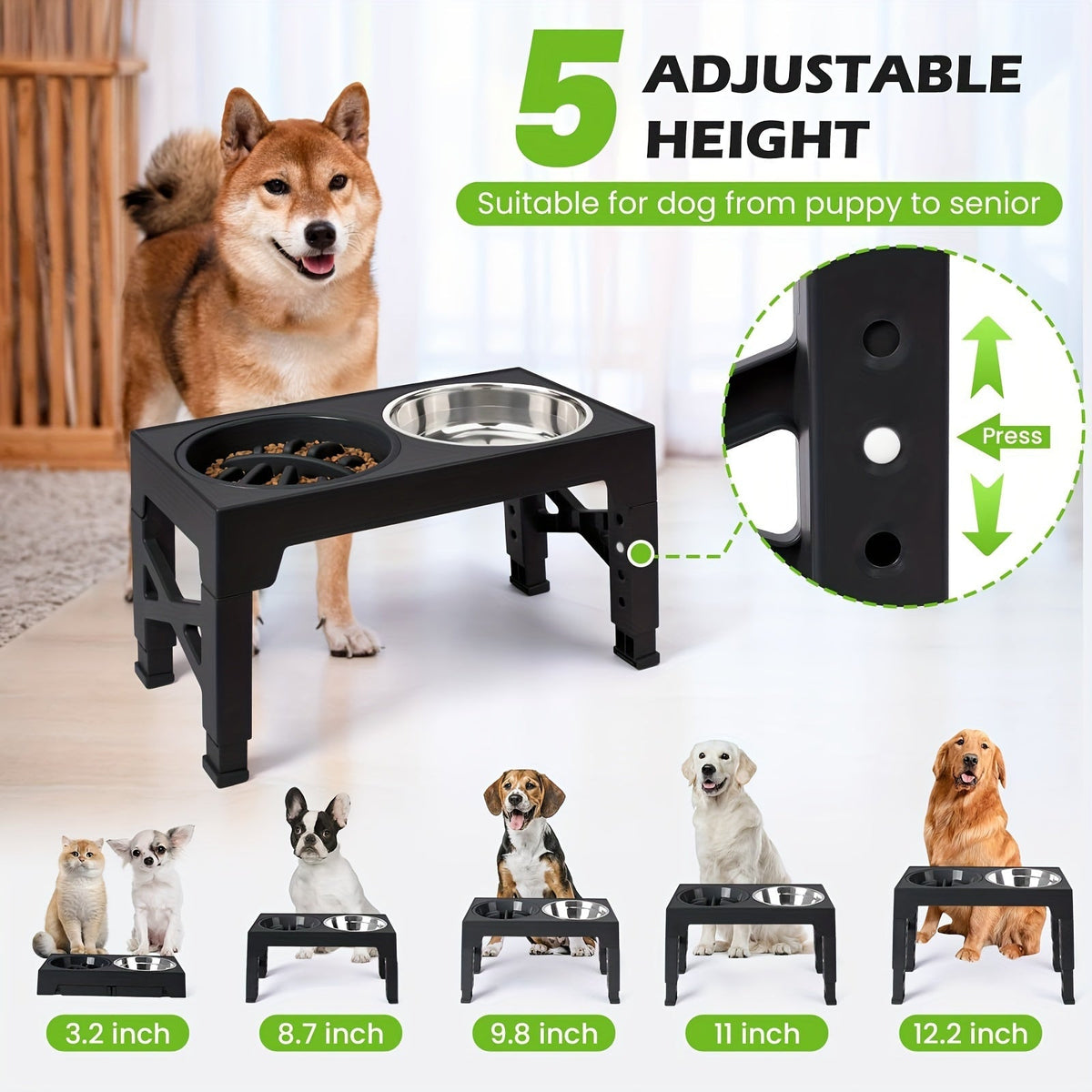 Fetch & Purr dog bowl stand with three stainless steel bowls, adjustable height pet feeding station for dogs.