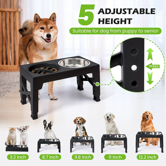 Fetch & Purr dog bowl stand with three stainless steel bowls, adjustable height pet feeding station for dogs.