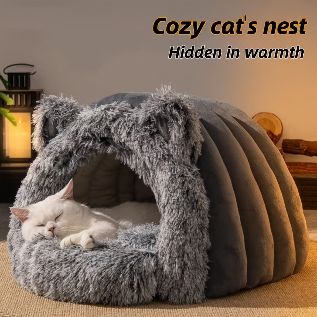 Soft plush fleece cat cave bed by Fetch & Purr, designed for cozy winter comfort and warm shelter for cats.