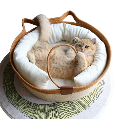 Fetch & Purr cat bed with cat ear shape, thick woven design in khaki and white, cozy pet scratching and resting surface.