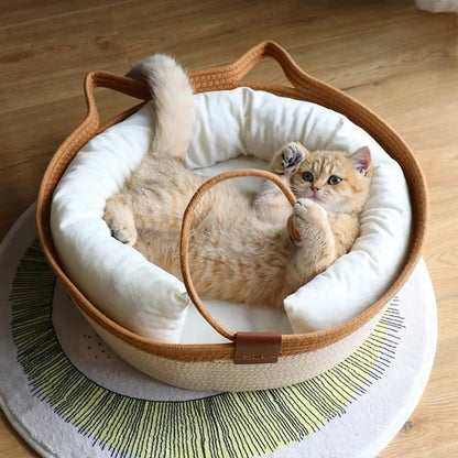 Fetch & Purr cat bed with ear-shaped design, thick woven fabric, in khaki and white, for comfortable feline scratching and resting.