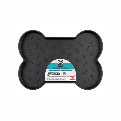 Black Spill-Proof Dog Feeding Mat from Fetch & Purr, designed to catch spills and keep feeding areas clean.