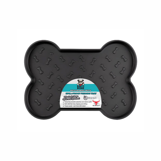 Black Spill-Proof Dog Feeding Mat from Fetch & Purr, designed to catch spills and keep feeding areas clean.