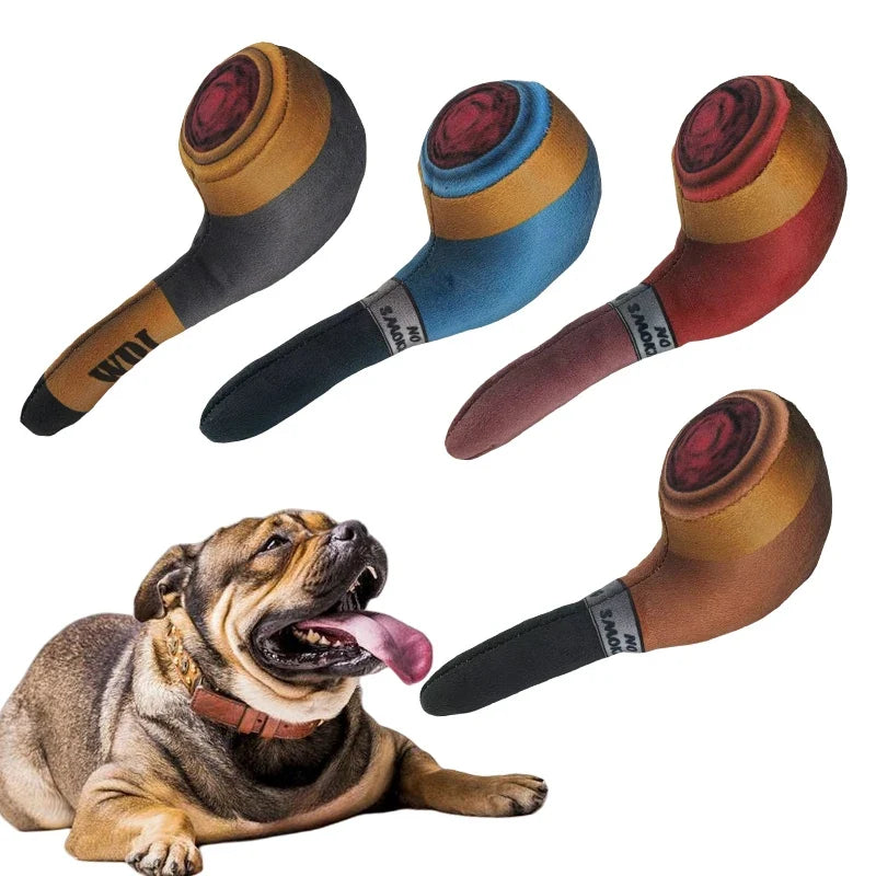Soft plush squeaky dog toy from Fetch & Purr, featuring colorful fabric and a built-in squeaker for playful chewing and tugging.