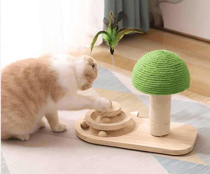 Interactive wooden cat toy by Fetch & Purr featuring colorful moving parts for engaging feline play.