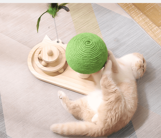 Interactive wooden cat toy by Fetch & Purr featuring colorful, engaging wooden elements for stimulating feline play.
