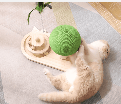 Interactive wooden cat toy by Fetch & Purr featuring colorful, engaging wooden elements for stimulating feline play.