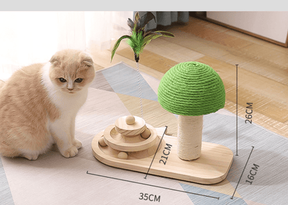 Interactive wooden cat toy by Fetch & Purr featuring colorful moving parts and a natural wood finish for engaging feline play.
