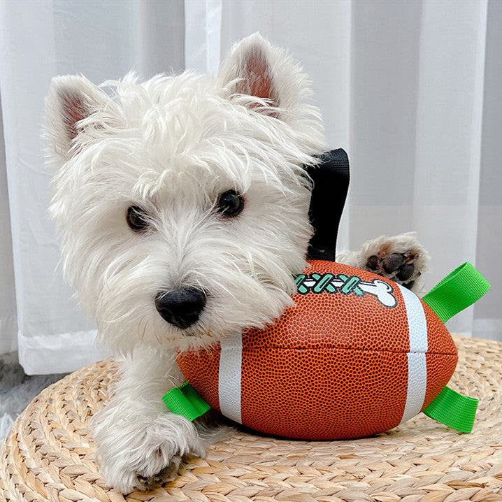 Fetch & Purr paw-shaped football dog toy with stitching and soft fabric, ideal for playful pets.