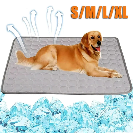 Cooling pet ice silk mat for dogs and cats by Fetch & Purr, showing a soft, insulated mat designed to keep pets cool.