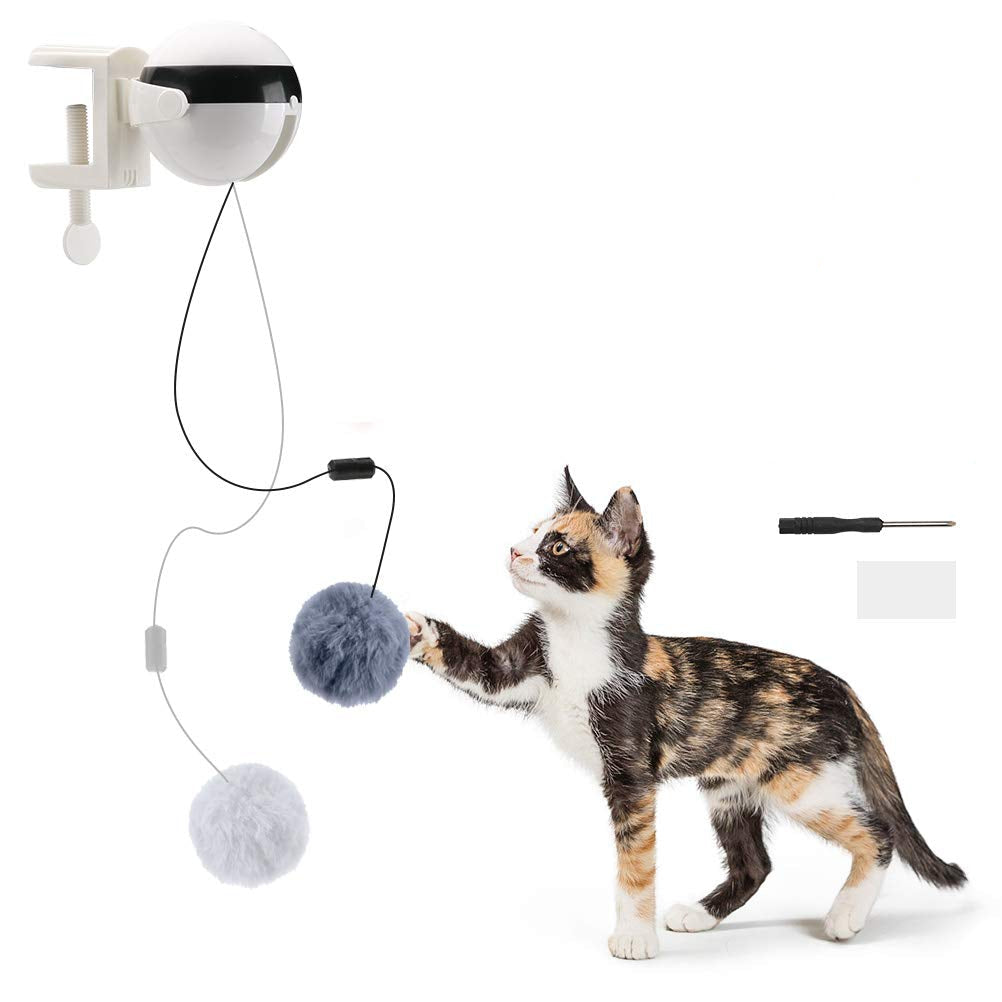 Fetch & Purr smart interactive electric cat teaser toy with moving feather and blinking lights for feline entertainment.