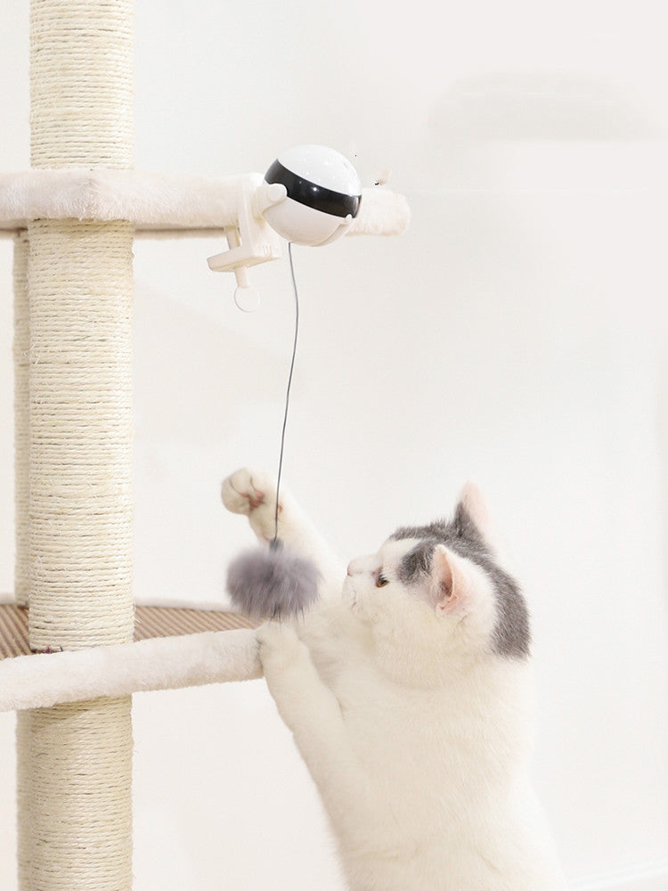 Fetch & Purr smart interactive electric cat teaser toy with colorful feathers and a sleek design for engaging feline play.