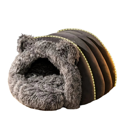 Soft plush fleece cat cave bed by Fetch & Purr, cozy winter pet bed with enclosed design for warmth and comfort.