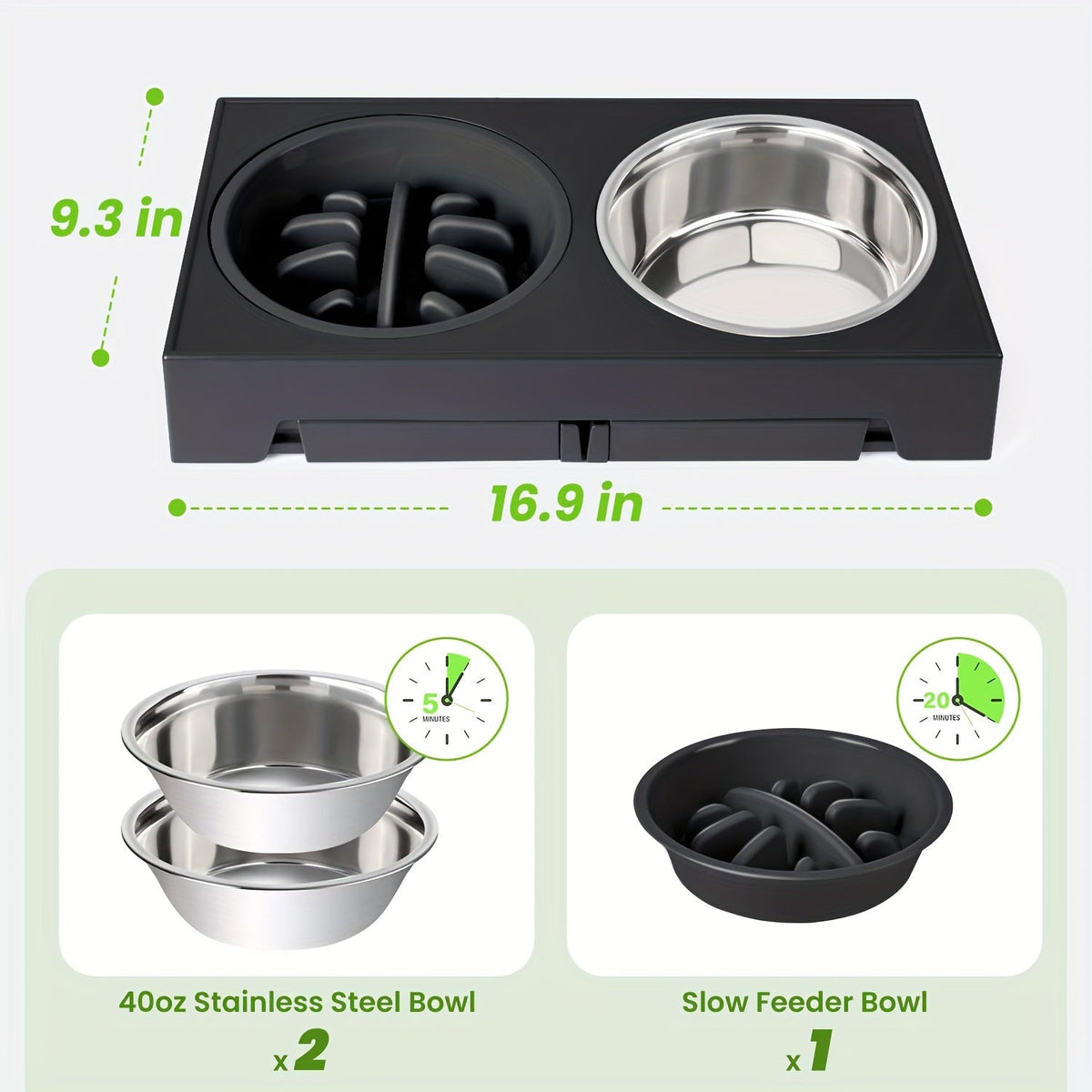 Fetch & Purr dog bowl stand with three stainless steel bowls, designed for pet feeding and easy access.