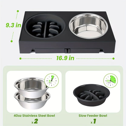 Fetch & Purr dog bowl stand with three stainless steel bowls, designed for pet feeding and easy access.
