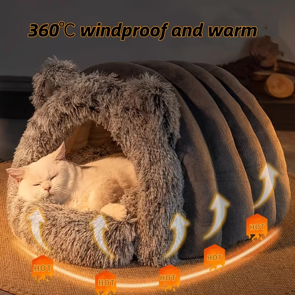 Soft plush fleece cat cave bed by Fetch & Purr, designed for cozy winter comfort and warmth for cats.