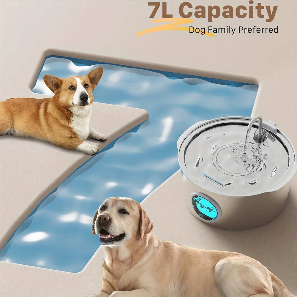 Stainless steel pet water fountain for dogs, with a modern design and adjustable flow, ideal for pet care and hydration.