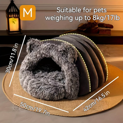 Soft plush fleece cat cave bed by Fetch & Purr, designed for cozy winter comfort and warm resting for cats.