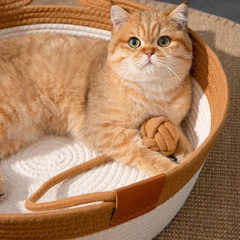 Khaki and white woven cat scratching board with plush pet bed, shaped like cat ears, by Fetch & Purr.