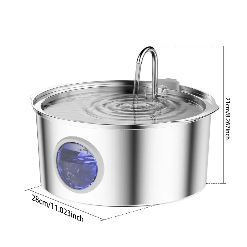 Stainless steel pet water fountain for dogs by Fetch & Purr, featuring a modern design with flowing water and a removable bowl.