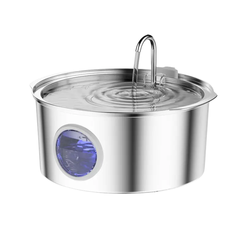 Stainless steel dog water fountain by Fetch & Purr, featuring a modern pet feeder with a continuous water flow for pets.