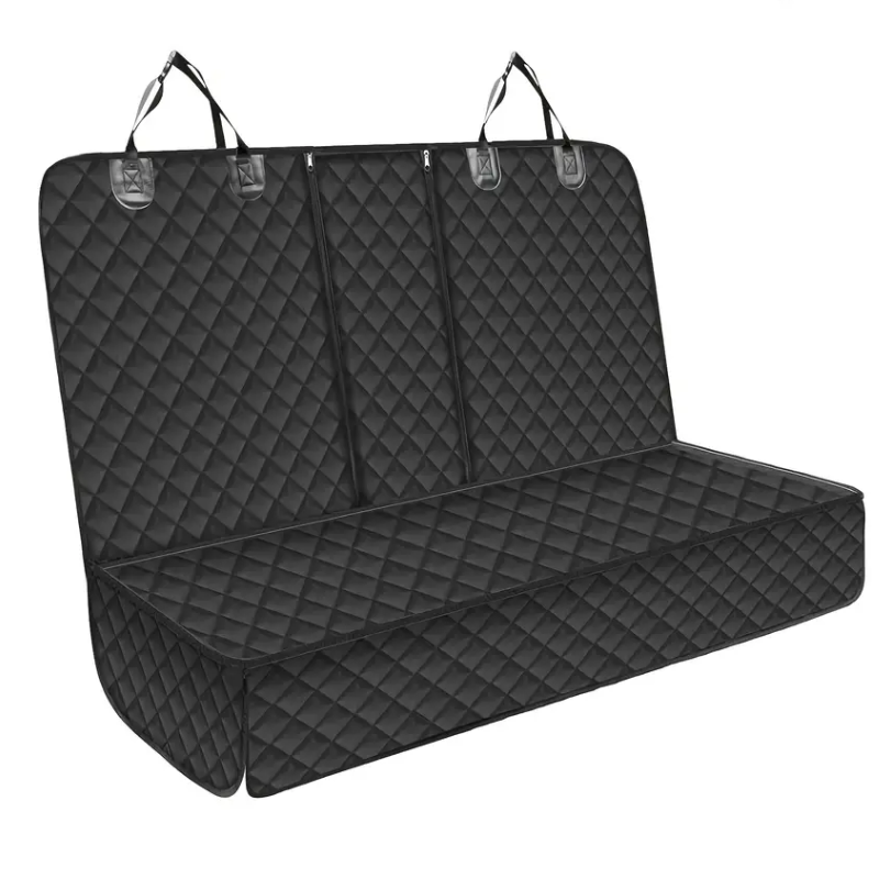 Waterproof dog car mat by Fetch & Purr, with rubberized surface and padded edges, designed to keep car seats clean from pet messes.