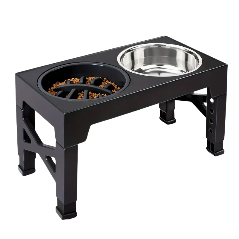 Fetch & Purr dog bowl stand with three stainless steel bowls on a sturdy black frame for pet feeding.